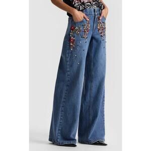ALICE + OLIVIA The Amazing Embellished Low Rise Wide Leg Jeans 31 New with tags